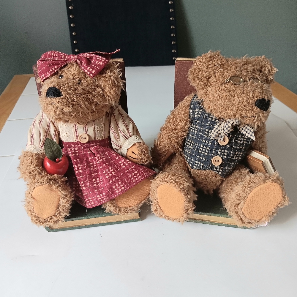 Primitive Country Plush Teddy Bear "Books Are Fun" Bookends Set Of 2 Boy & Girl